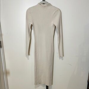 Babaton Cream Ribbed Bodycon Dress with Long Sleeves and Mock Neck